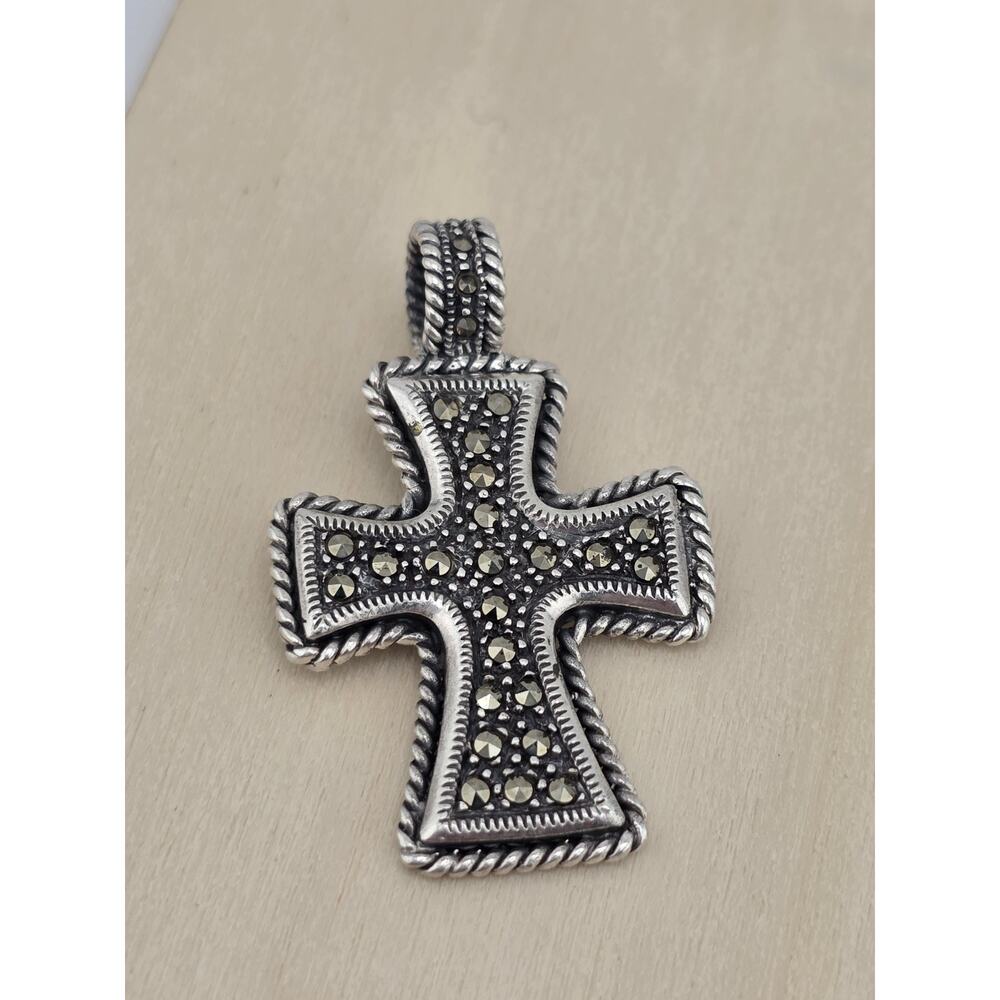 STERLING SILVER 925 Jesus cross pendant marcasite STONES - Picture 2 of 13